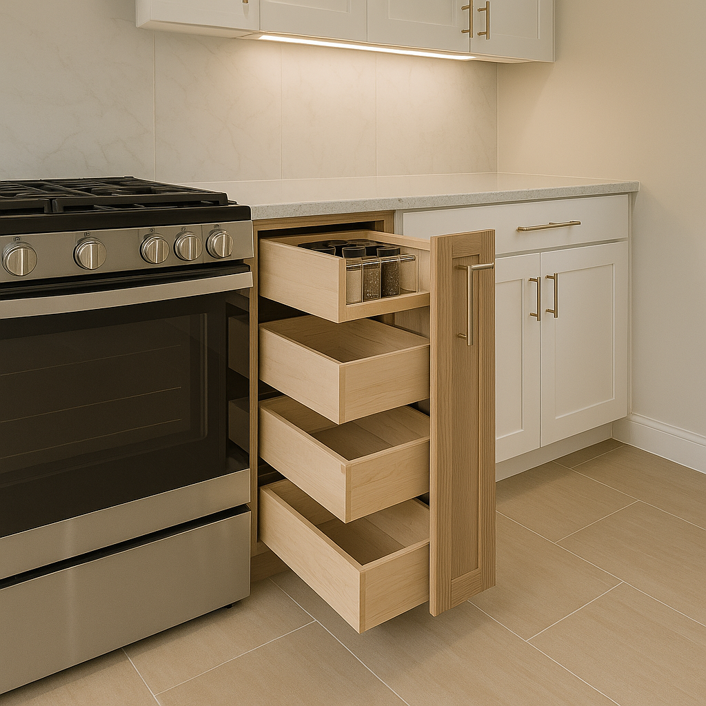 Custom kitchen storage beside the range with deep drawers and a spice pull-out, quartz countertop, and LED task lighting in Pennington, NJ.