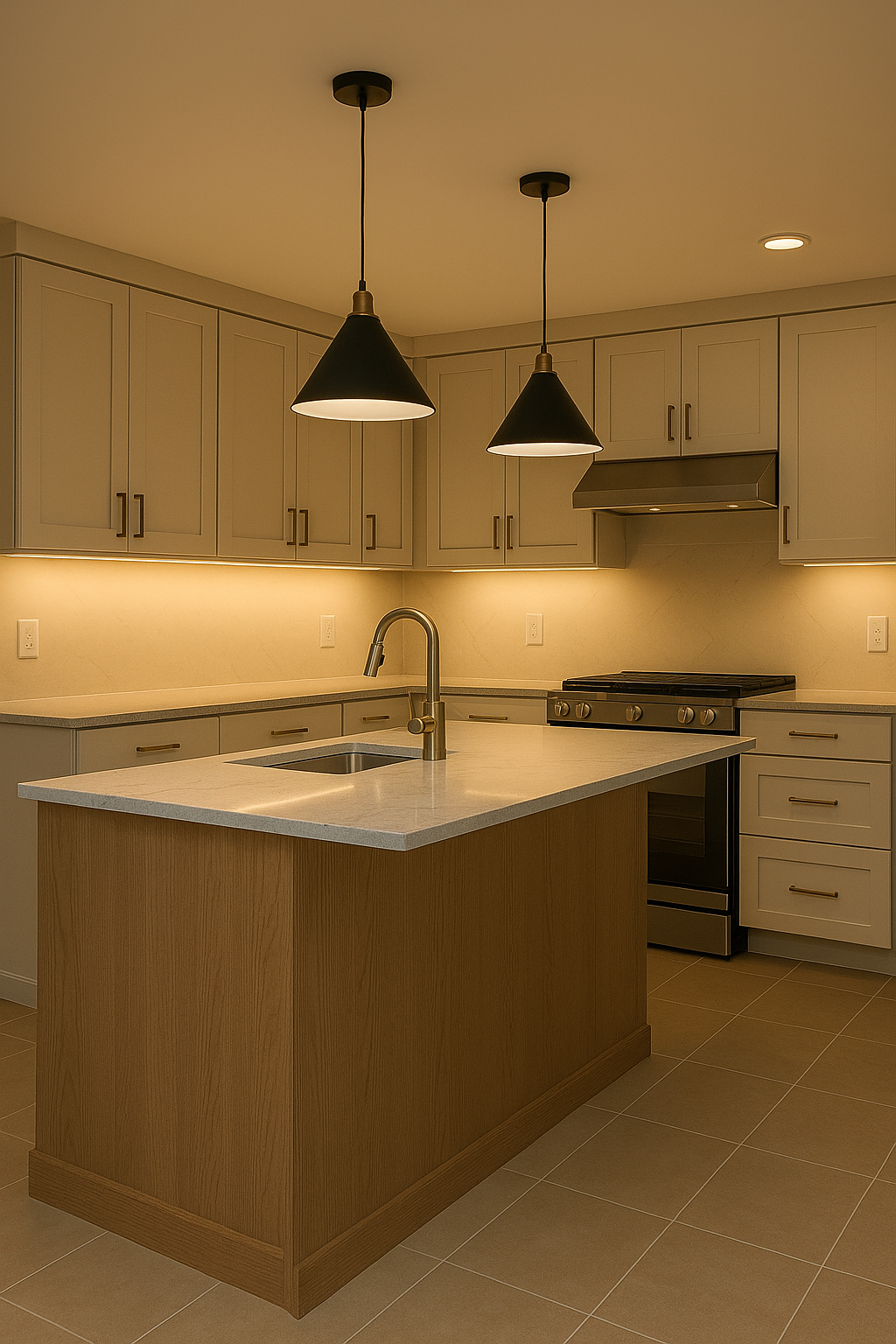 Kitchen lighting layers in Pennington, NJ with island pendants and LED under-cabinet task lights over quartz counters and shaker cabinetry.