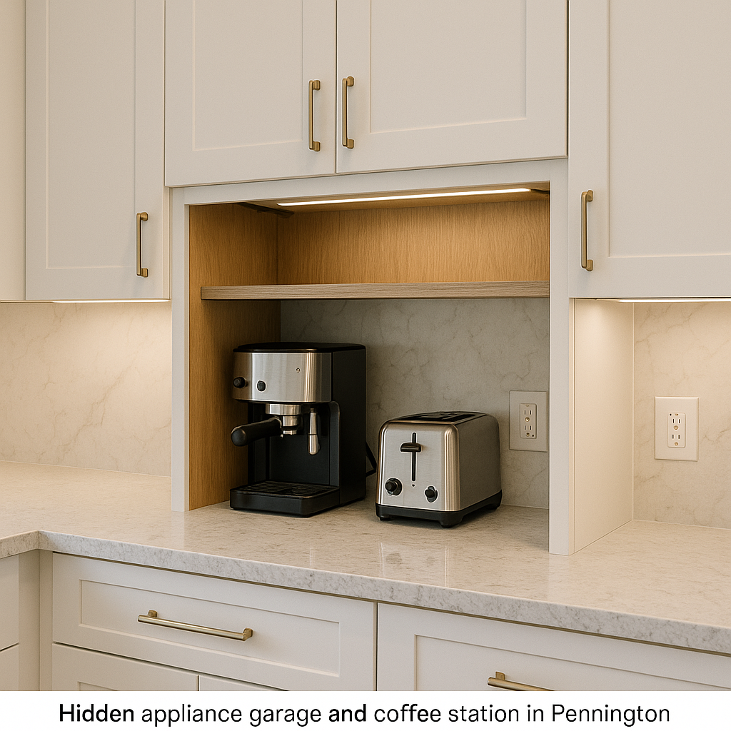 Hidden appliance garage and coffee station in a Pennington kitchen remodel with quartz backsplash, rift-oak interior, and under-cabinet LED lighting.