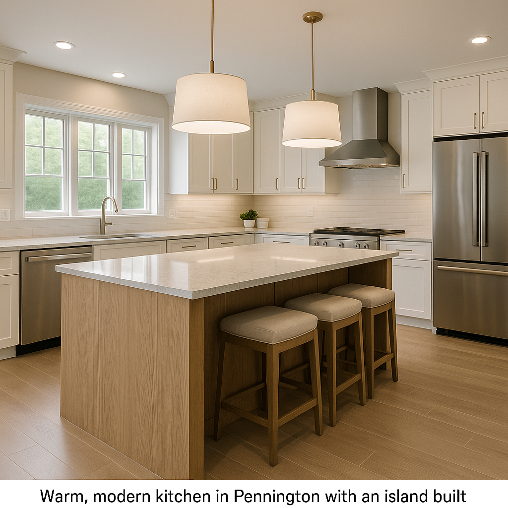 Luxury kitchen remodel in Pennington, NJ with rift-cut oak island, white quartz countertops, shaker cabinets, stainless appliances, and warm pendant lighting.