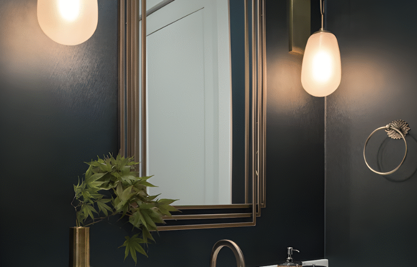Modern bathroom with hanging lights, a sink, and a plant.