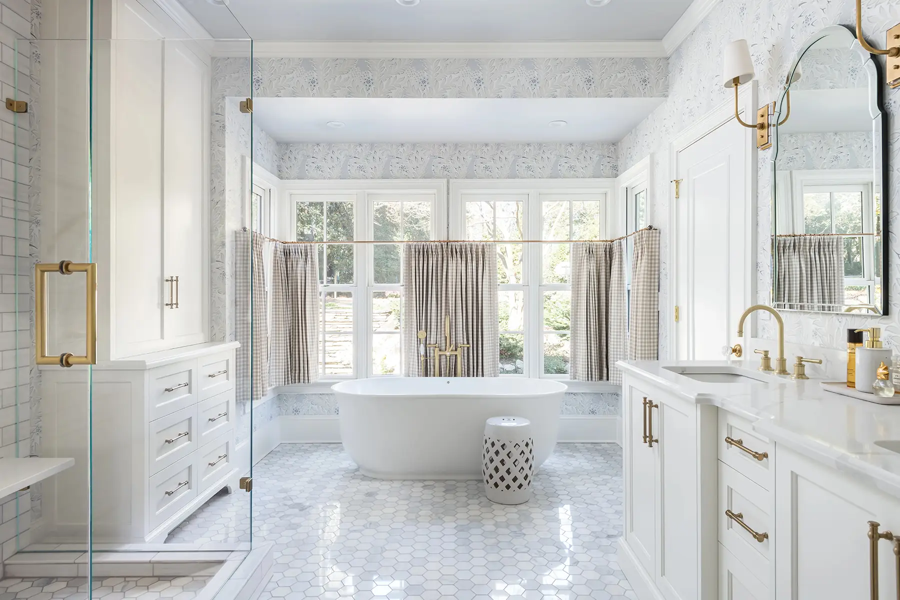 Great Rd, Princeton, NJ 08540 1 | The Home X Bright white kitchen with quartz island, inset cabinetry, and brass fixtures in Princeton, NJ remodel