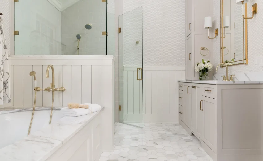 Spacious walk-in shower and soaking tub in luxury New Hope, PA bathroom remodel