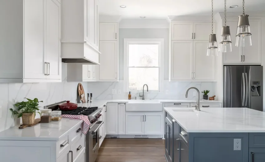 Custom white kitchen with quartz countertops and full-height cabinetry in Princeton, NJ