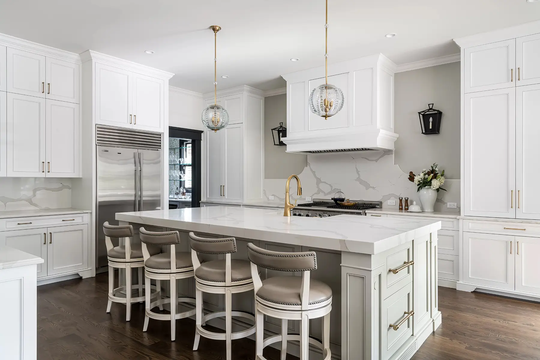 Moore St, Princeton, NJ 08540 1 | The Home X Elegant white kitchen with marble backsplash, large island, and pendant lighting.