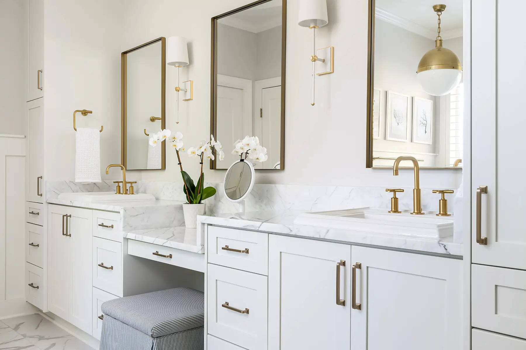 Mt Lucas Rd, Princeton, NJ 08540 2 | The Home X Refined bathroom vanity setup with white shaker cabinets, dual undermount sinks, quartz countertops, and brass hardware.