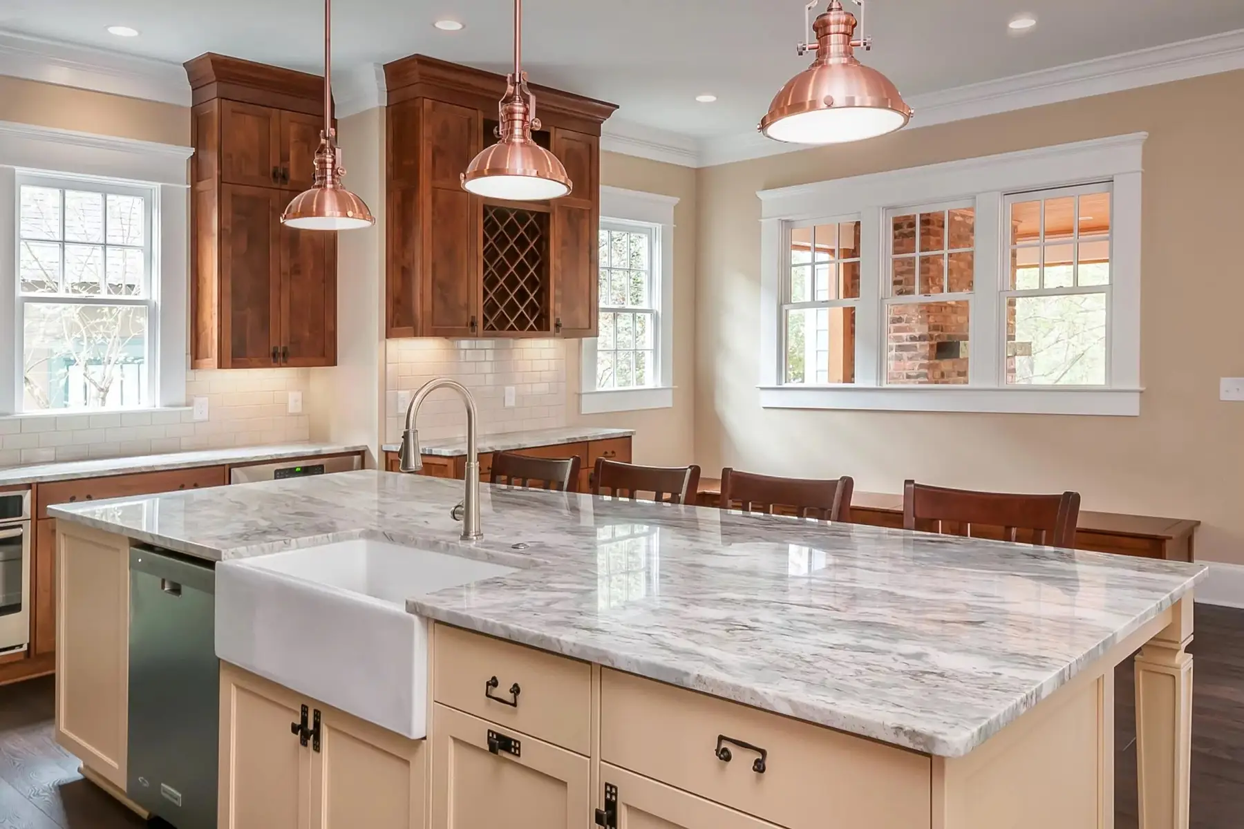 Brunswick Pike, Lambertville, NJ 08530 1 | The Home X Traditional kitchen with farmhouse sink, granite island, and copper pendant lighting