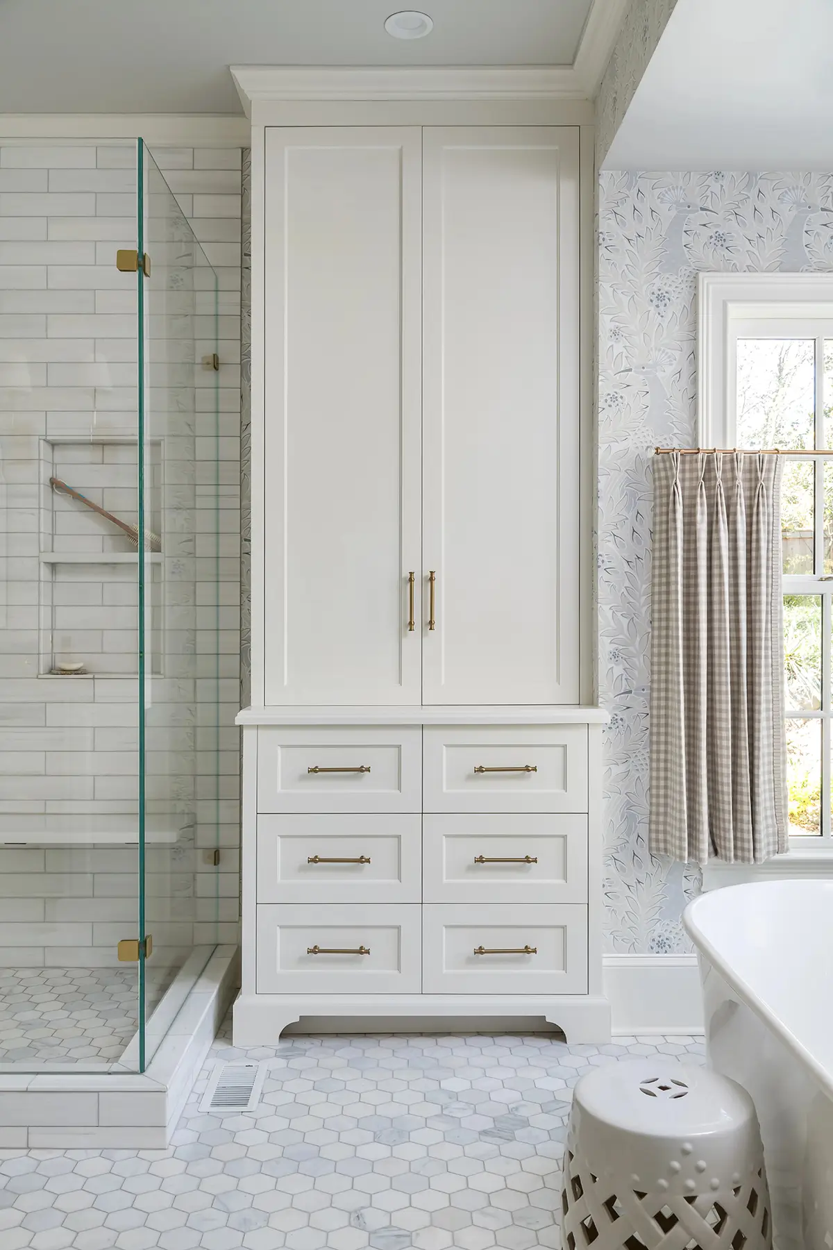 Great Rd, Princeton, NJ 08540 5 | The Home X Custom bathroom tower cabinet with drawers and marble tile walls in Princeton, NJ remodel