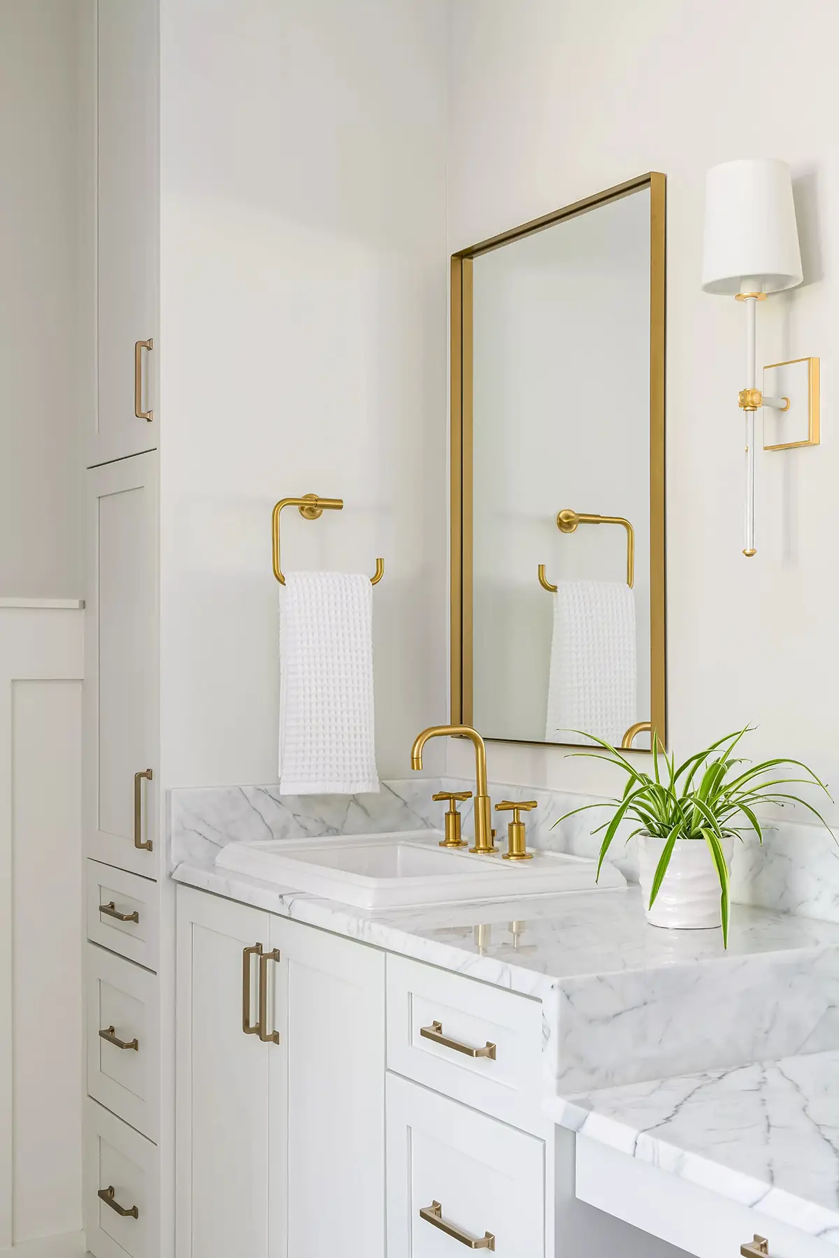 Mt Lucas Rd, Princeton, NJ 08540 3 | The Home X Luxury walk-in shower with marble-look tile, built-in niche, glass enclosure, and brushed gold fixtures.