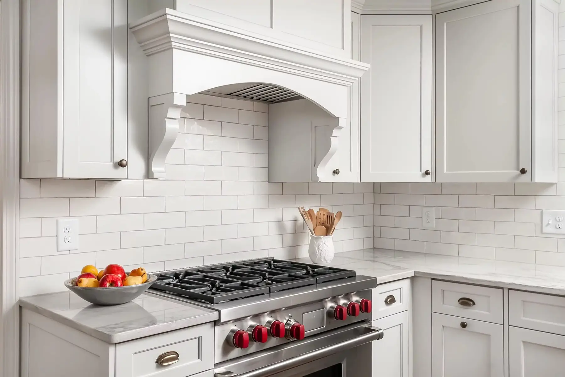 Pineville Rd, Newtown, PA 18940 2 | The Home X White kitchen with arched hood, full-height backsplash, and stainless range.