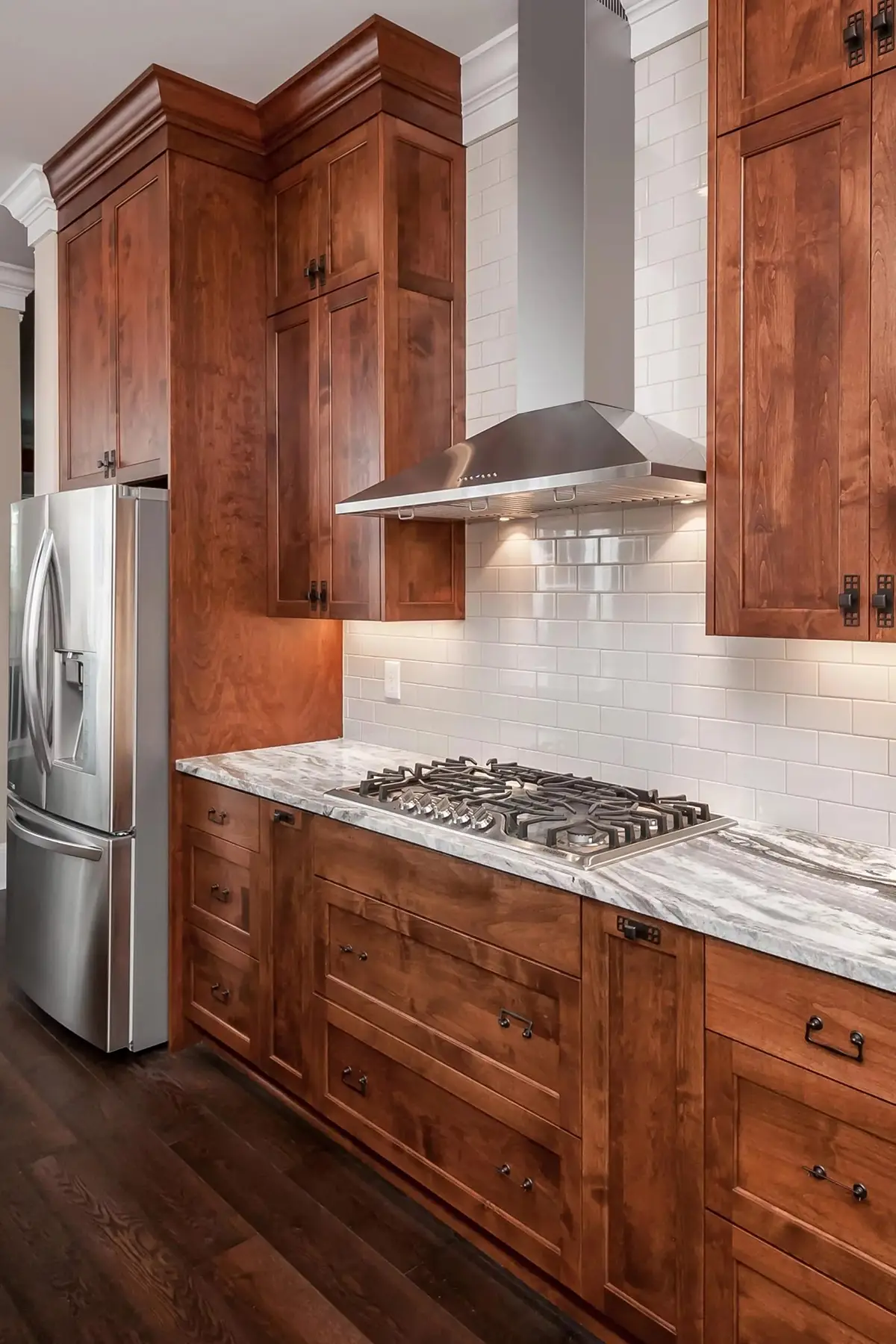 Brunswick Pike, Lambertville, NJ 08530 6 | The Home X Rustic wood kitchen cabinets with stainless range hood and tile backsplash in Lambertville, NJ remodel