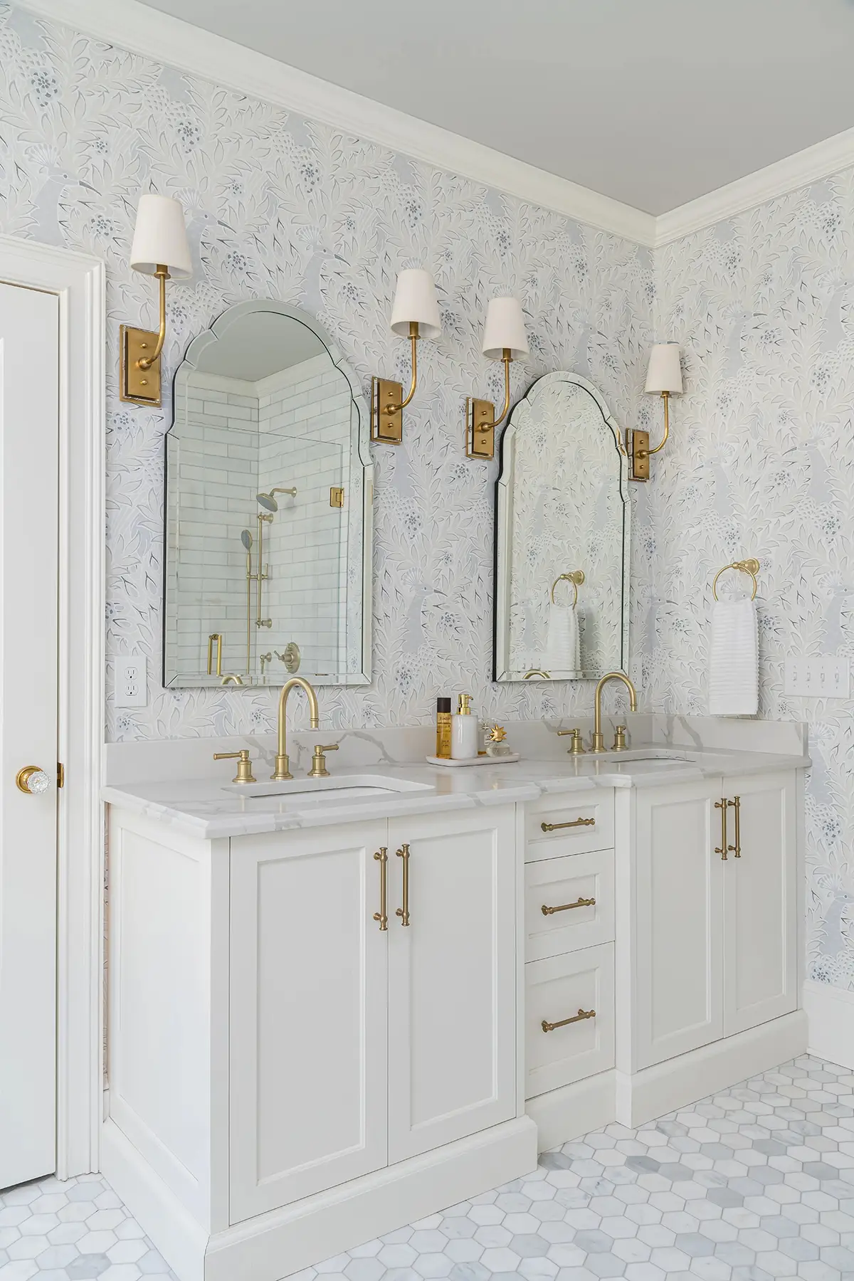 Great Rd, Princeton, NJ 08540 3 | The Home X Bright kitchen with white cabinetry, pendant lighting, and brass hardware in Princeton, NJ remodel