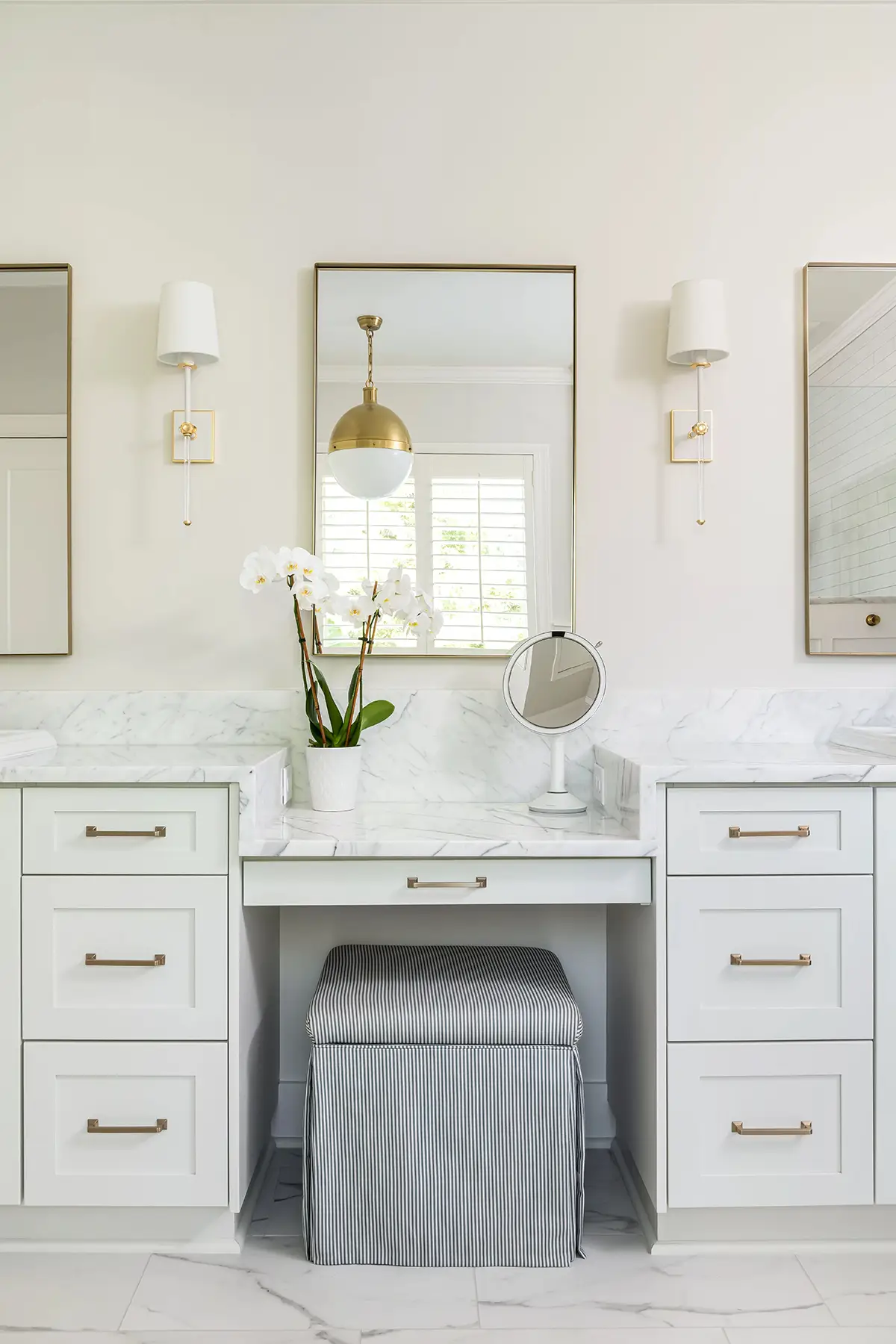 Mt Lucas Rd, Princeton, NJ 08540 4 | The Home X Double vanity bathroom with modern gray cabinets, white quartz countertop, and brass sconces.
