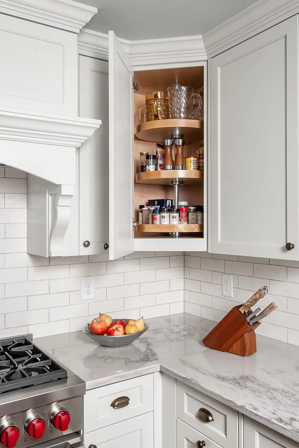 Pineville Rd, Newtown, PA 18940 7 | The Home X Custom white kitchen cabinets with wood display niche and quartz countertops.