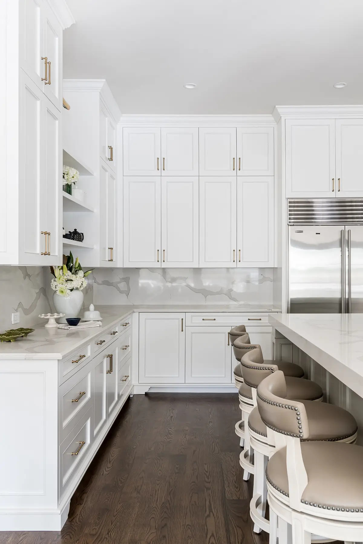 Moore St, Princeton, NJ 08540 11 | The Home X Bright white luxury kitchen with full-height cabinets, glass-front uppers, and a spacious island.