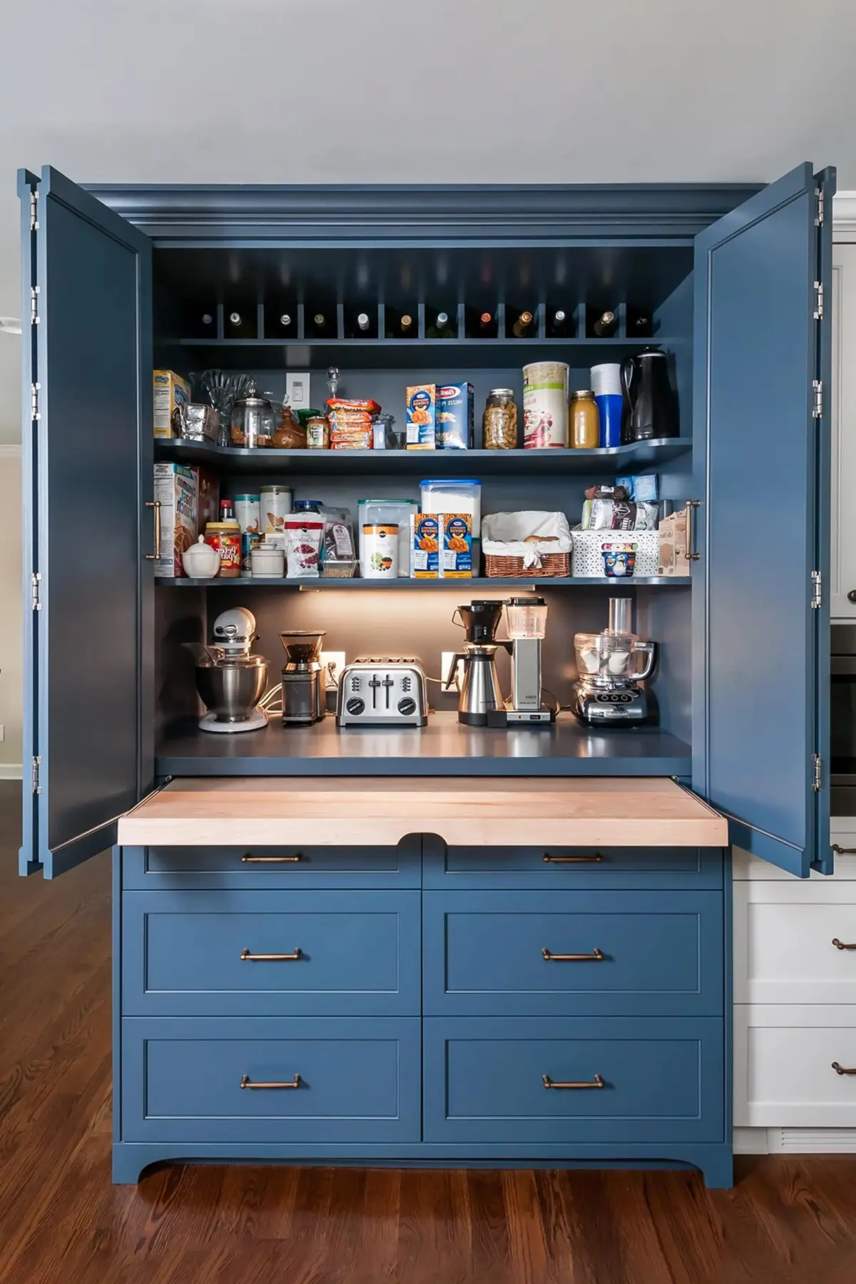 Pineville Rd, Newtown, PA 18940 11 | The Home X Built-in home bar with navy blue cabinetry, glass shelves, and accent lighting.