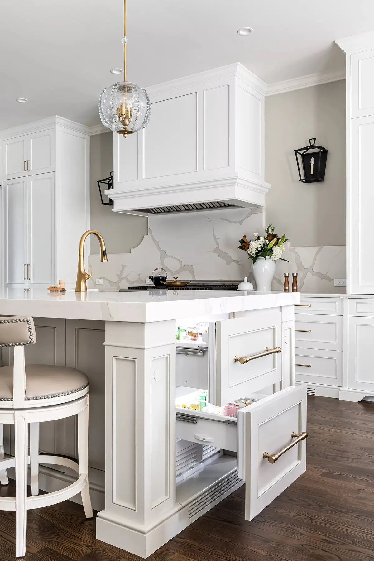 Moore St, Princeton, NJ 08540 13 | The Home X White kitchen island with open shelving and classic pendant lighting.