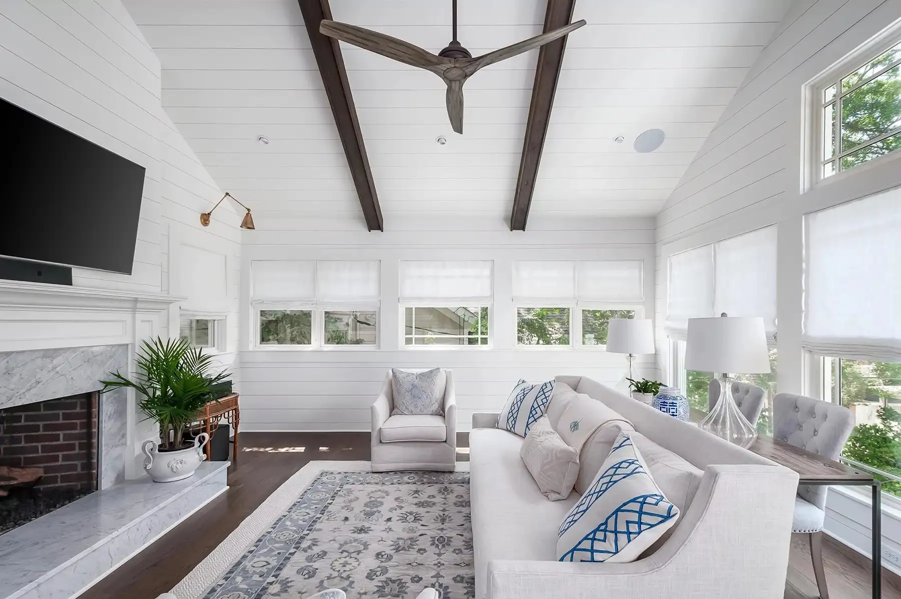 Washington Crossing Pennington Rd, Pennington, NJ 08534 3 | The Home X Expansive open-concept living space with vaulted ceiling, exposed wood beams, and modern furnishings.