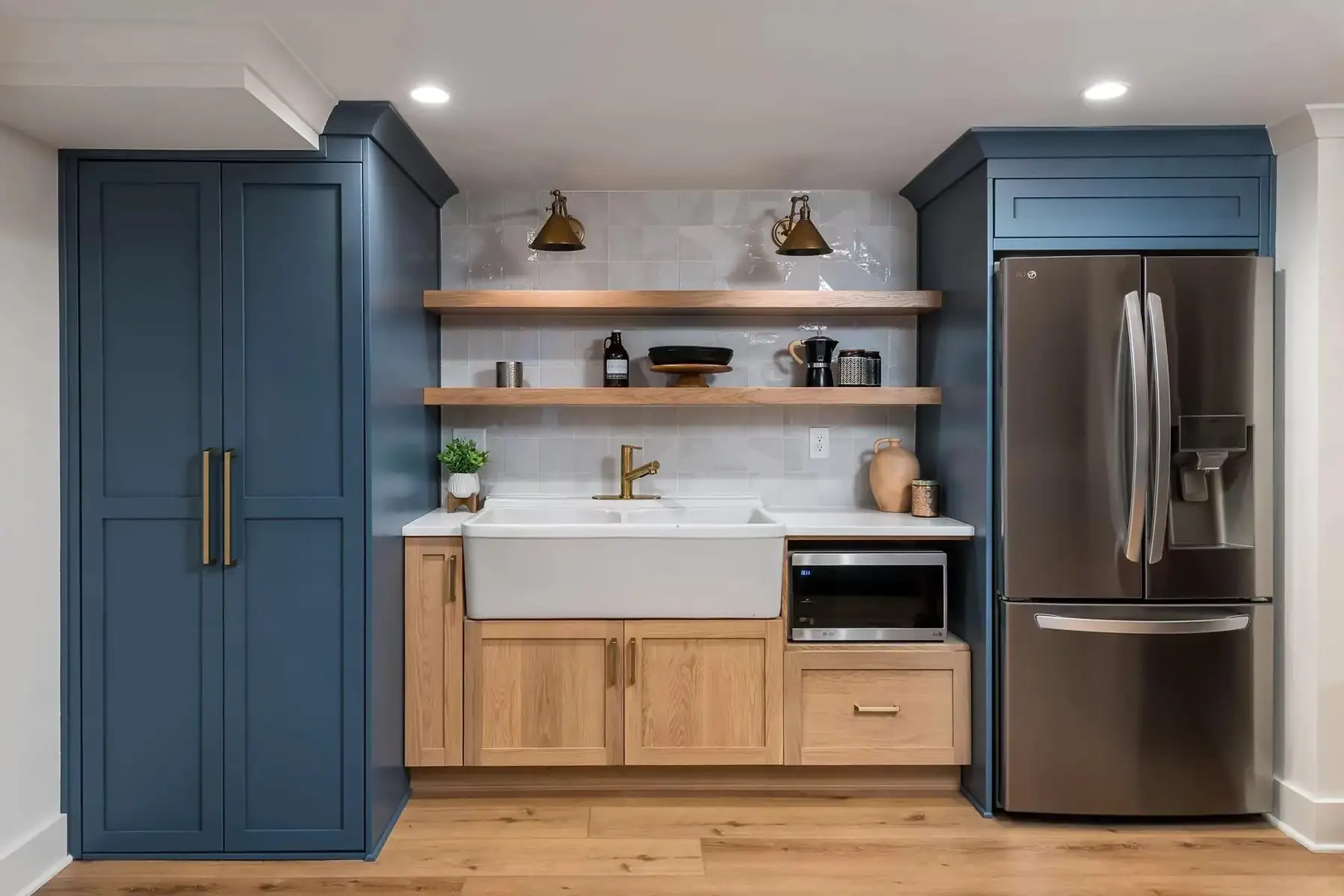 Federal City Rd, Pennington, NJ 08534 9 | The Home X Cozy living room with built-in blue cabinetry, large windows, and warm wood flooring.