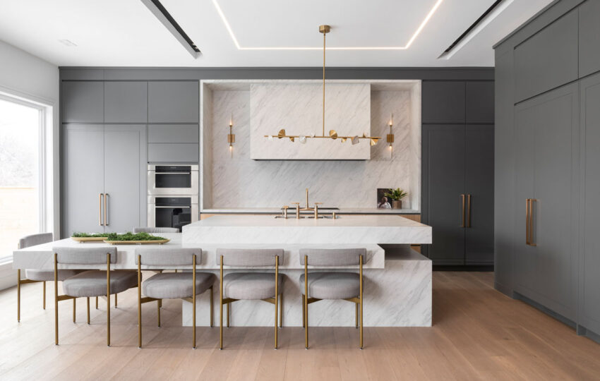 Luxury Kitchen Remodel in Washington Crossing, PA: What to Expect in 2025 62 | The Home X Minimalist luxury kitchen remodel with waterfall island, brass fixtures, and flat-panel cabinetry by The Home X.