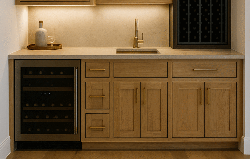 Luxury home bar with white oak cabinetry, quartz countertops, brass fixtures, and integrated wine storage, featuring soft LED lighting in a modern Upper Bucks County remodel.