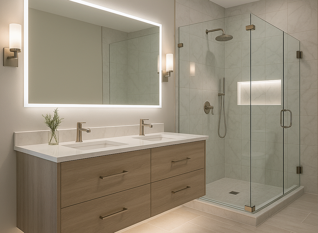 Luxury bathroom remodel in Washington Crossing PA with floating double vanity, quartz countertops, frameless glass walk-in shower, and brushed nickel fixtures.