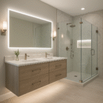 Luxury bathroom remodel in Washington Crossing PA with floating double vanity, quartz countertops, frameless glass walk-in shower, and brushed nickel fixtures.
