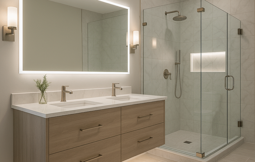Luxury Bathroom Remodel in Washington Crossing, PA 69 | The Home X Luxury bathroom remodel in Washington Crossing PA with floating double vanity, quartz countertops, frameless glass walk-in shower, and brushed nickel fixtures.