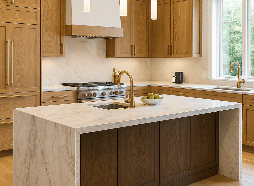 Luxury Princeton kitchen with quartzite waterfall island, rift-sawn white-oak cabinets, brass fixtures, and pro-grade range.