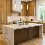 Luxury Princeton kitchen with quartzite waterfall island, rift-sawn white-oak cabinets, brass fixtures, and pro-grade range.