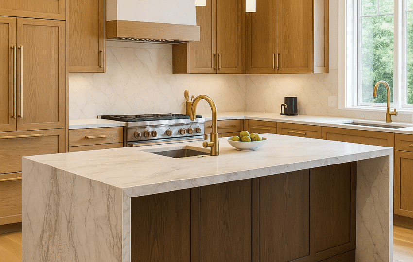 Luxury Princeton kitchen with quartzite waterfall island, rift-sawn white-oak cabinets, brass fixtures, and pro-grade range.