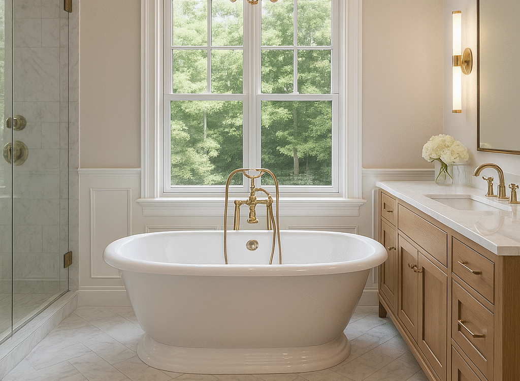 Luxury Bathroom Remodel in New Hope, PA | The Home X Crossing, PA with quartz island and pendant lighting