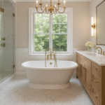 Luxury Bathroom Remodel in New Hope, PA | The Home X Crossing, PA with quartz island and pendant lighting