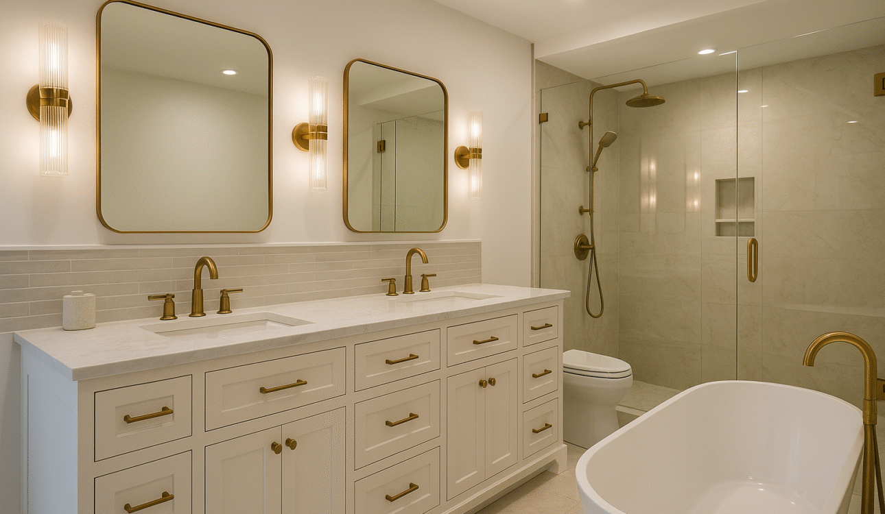 Luxury Bathroom Remodel in Princeton, NJ – Timeless Elegance Meets Modern Functionality 1 | The Home X Luxury bathroom remodel Princeton NJ with custom vanity, brass fixtures, and freestanding tub