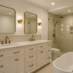 Luxury bathroom remodel Princeton NJ with custom vanity, brass fixtures, and freestanding tub