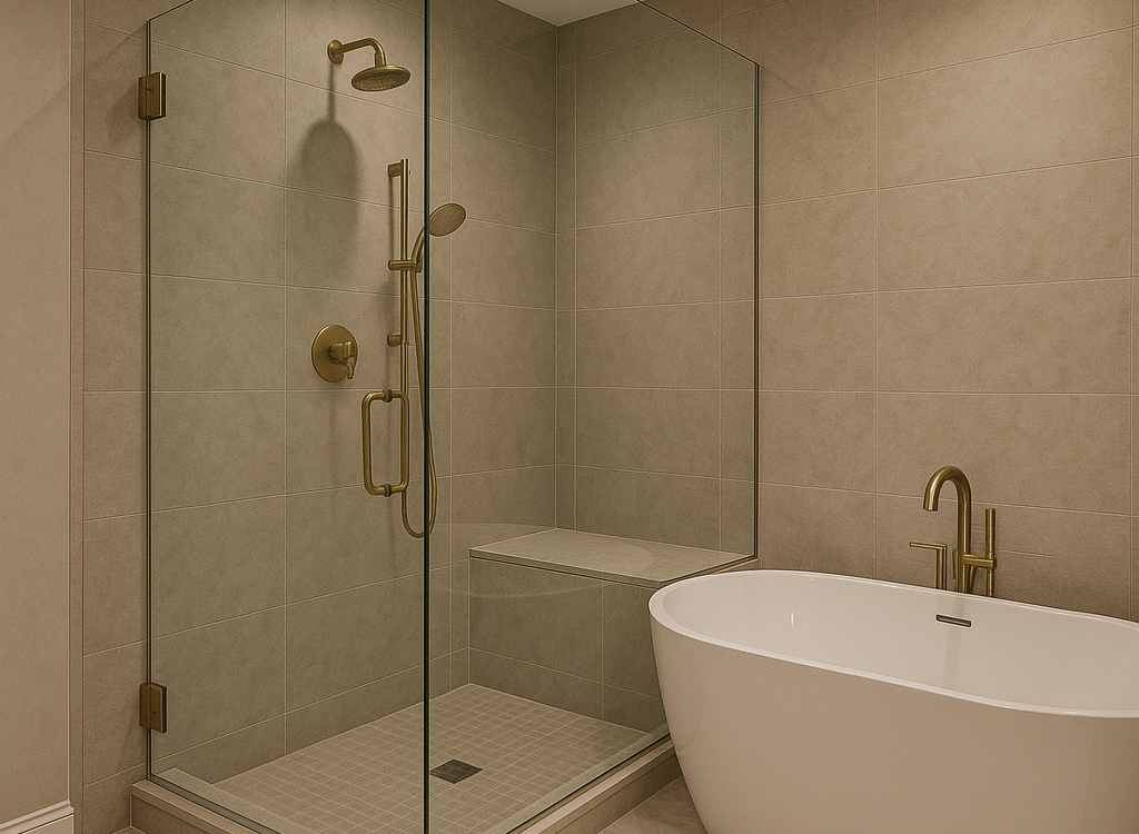 Primary bath with walk-in shower, frameless glass, brass fixtures, and light wood double vanity.