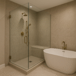 Primary bath with walk-in shower, frameless glass, brass fixtures, and light wood double vanity.