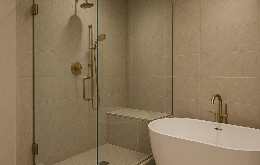Primary bath with walk-in shower, frameless glass, brass fixtures, and light wood double vanity.