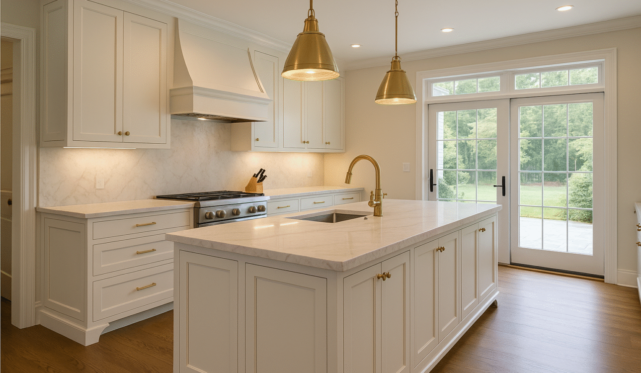 Luxury kitchen remodel in Washington Crossing, PA featuring white shaker cabinets, marble island, brass fixtures, and large glass doors opening to outdoor space.