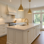 Luxury kitchen remodel in Washington Crossing, PA featuring white shaker cabinets, marble island, brass fixtures, and large glass doors opening to outdoor space.