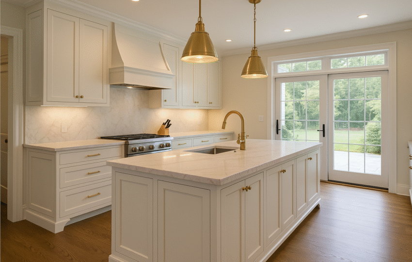 Luxury Kitchen Remodel in Washington Crossing, PA: Timeless Elegance Meets Function 71 | The Home X Luxury kitchen remodel in Washington Crossing, PA featuring white shaker cabinets, marble island, brass fixtures, and large glass doors opening to outdoor space.
