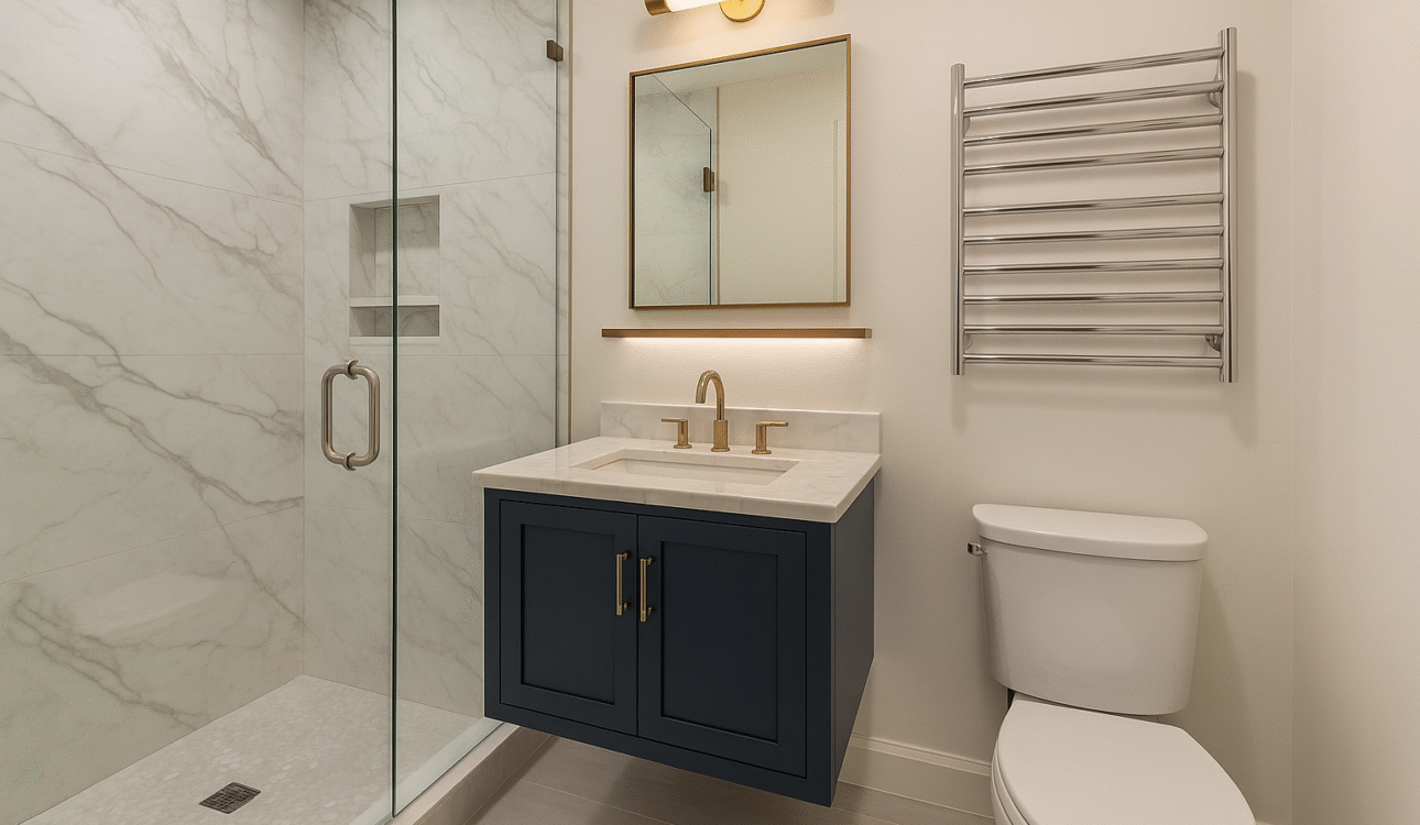 Modern small bathroom remodel with navy floating vanity, marble top, glass shower, and brass fixtures