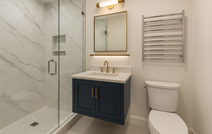 Modern small bathroom remodel with navy floating vanity, marble top, glass shower, and brass fixtures