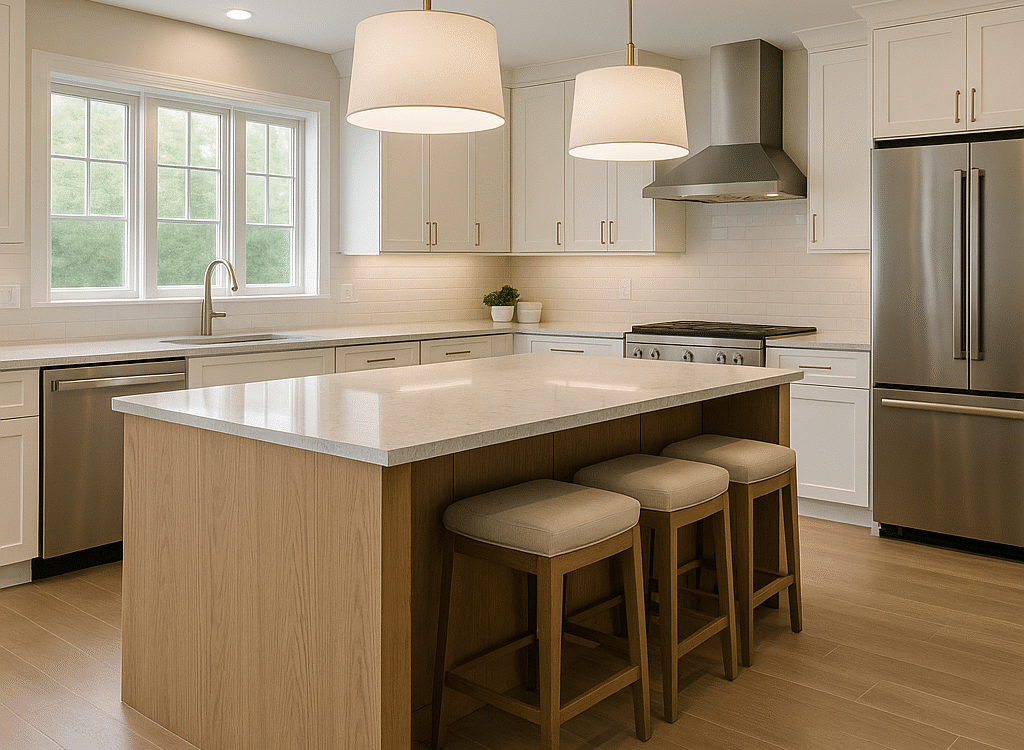 Luxury kitchen remodel in Pennington, NJ with rift-cut oak island, white quartz countertops, shaker cabinets, stainless appliances, and warm pendant lighting.