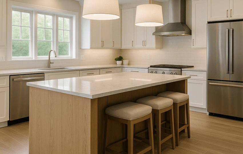 Luxury Kitchen Remodel in Pennington, NJ 64 | The Home X Luxury kitchen remodel in Pennington, NJ with rift-cut oak island, white quartz countertops, shaker cabinets, stainless appliances, and warm pendant lighting.
