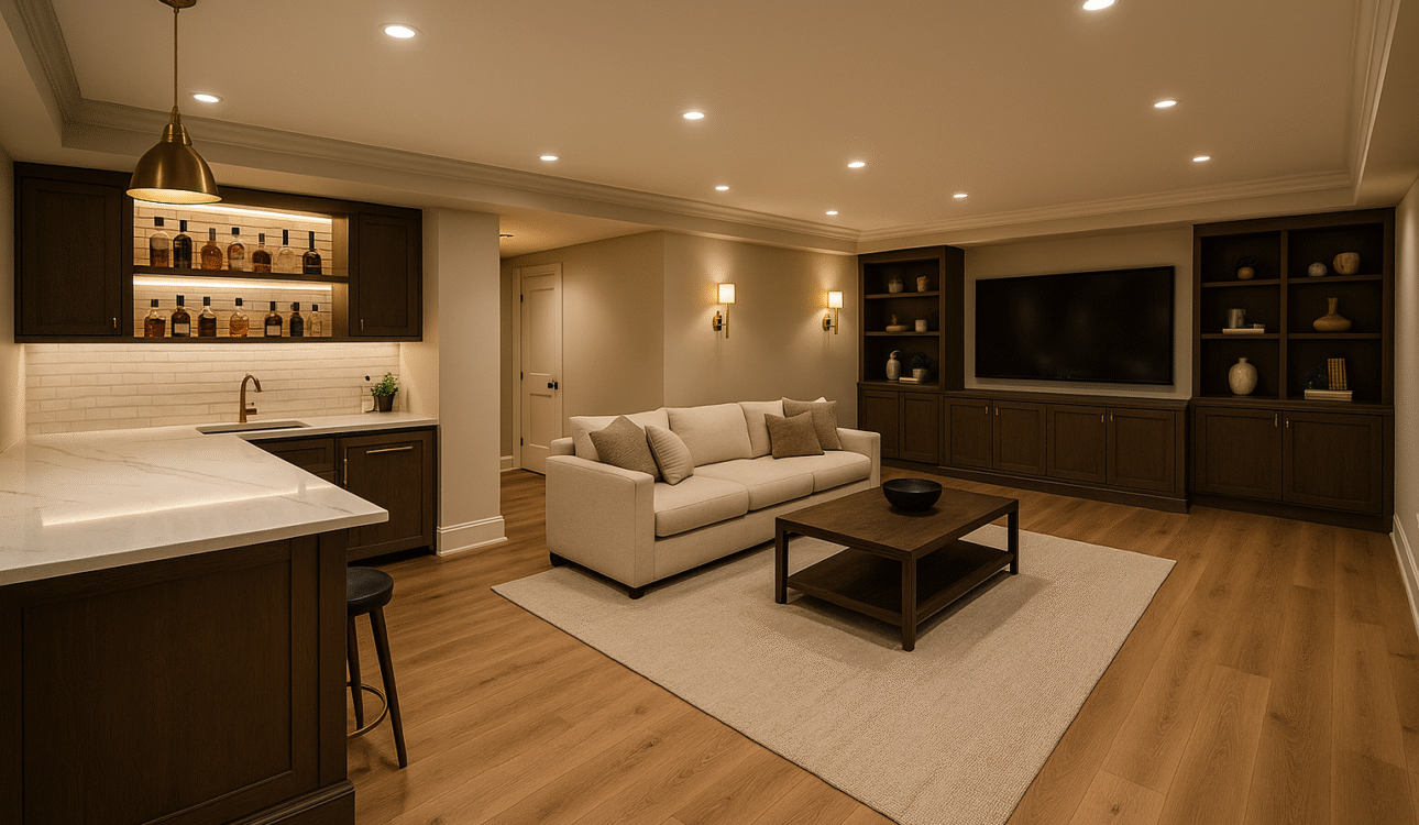 Luxury Basement Remodel in Hopewell, NJ: Turn Unused Space into a Private Retreat 1 | The Home X Luxury basement lounge with oak flooring, quartz wet bar, brass pendants, and built-in shelving.