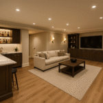 Luxury basement lounge with oak flooring, quartz wet bar, brass pendants, and built-in shelving.