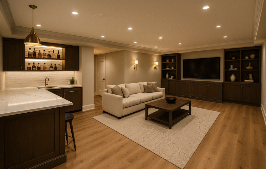 Luxury basement lounge with oak flooring, quartz wet bar, brass pendants, and built-in shelving.