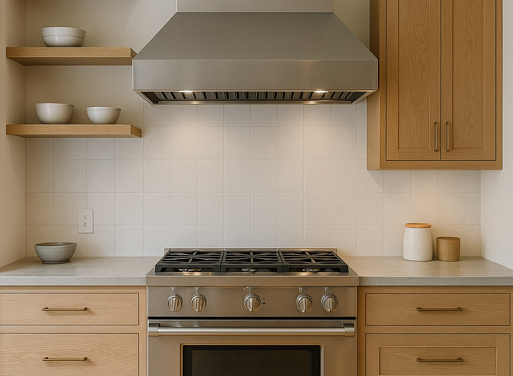 Modern kitchen featuring a stainless steel gas range with vent hood, oak cabinets, floating wood shelves, and a neutral tile backsplash designed by The Home X in Washington Crossing PA.