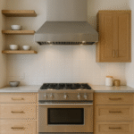 Modern kitchen featuring a stainless steel gas range with vent hood, oak cabinets, floating wood shelves, and a neutral tile backsplash designed by The Home X in Washington Crossing PA.
